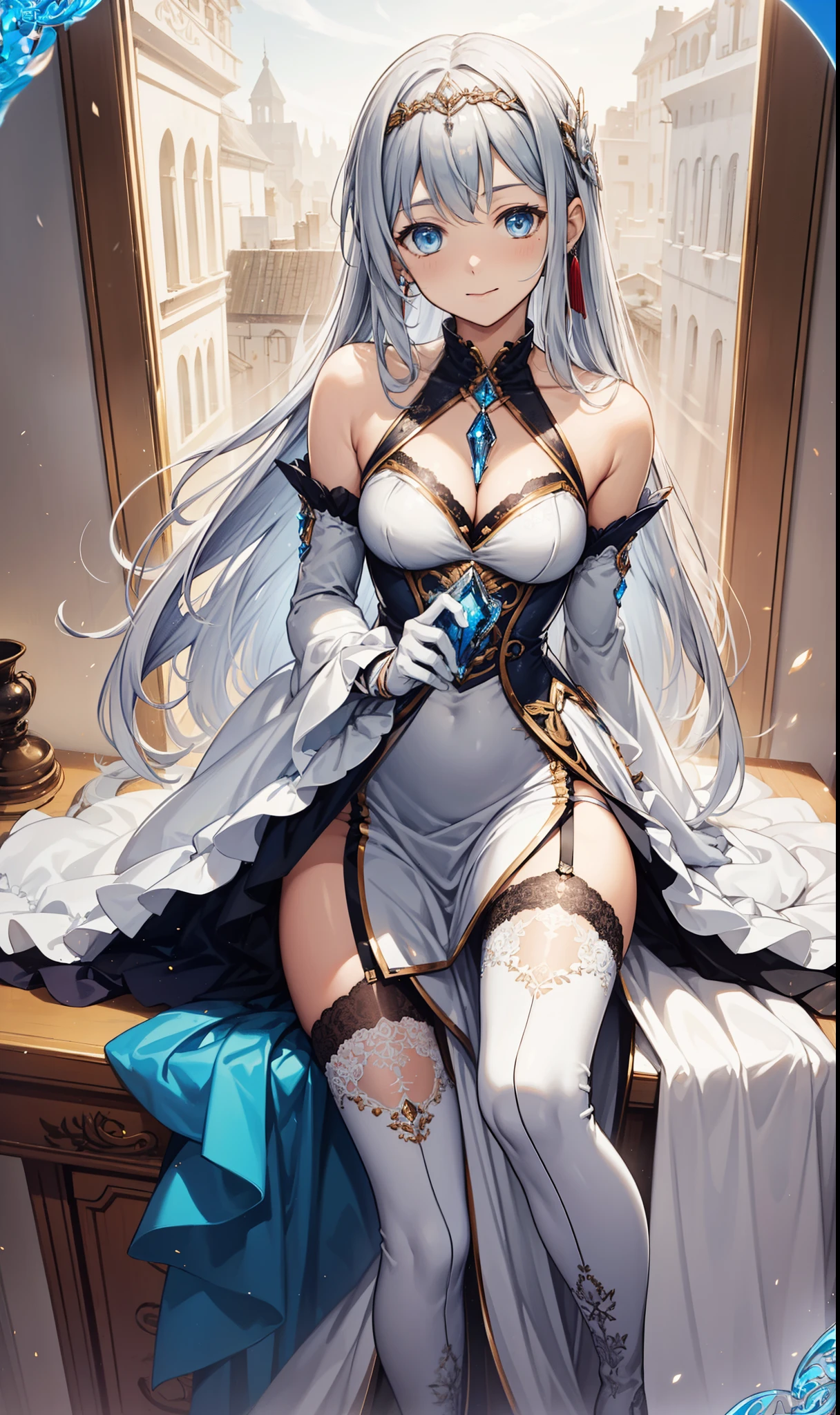 Lord Virgin,A small amount of seduction,having fun,Being in love,Fantasy transparent white dress,black gloves,silver hair,blue eyes,see through transparent clothes,Delicate hair accessories,Transparent lace,holy sky blue yellow and white pattern,night,Beautifully dressed,bedroom,Carved suspender boots,Super details,top quality,highest resolution,Exquisite and beautiful face