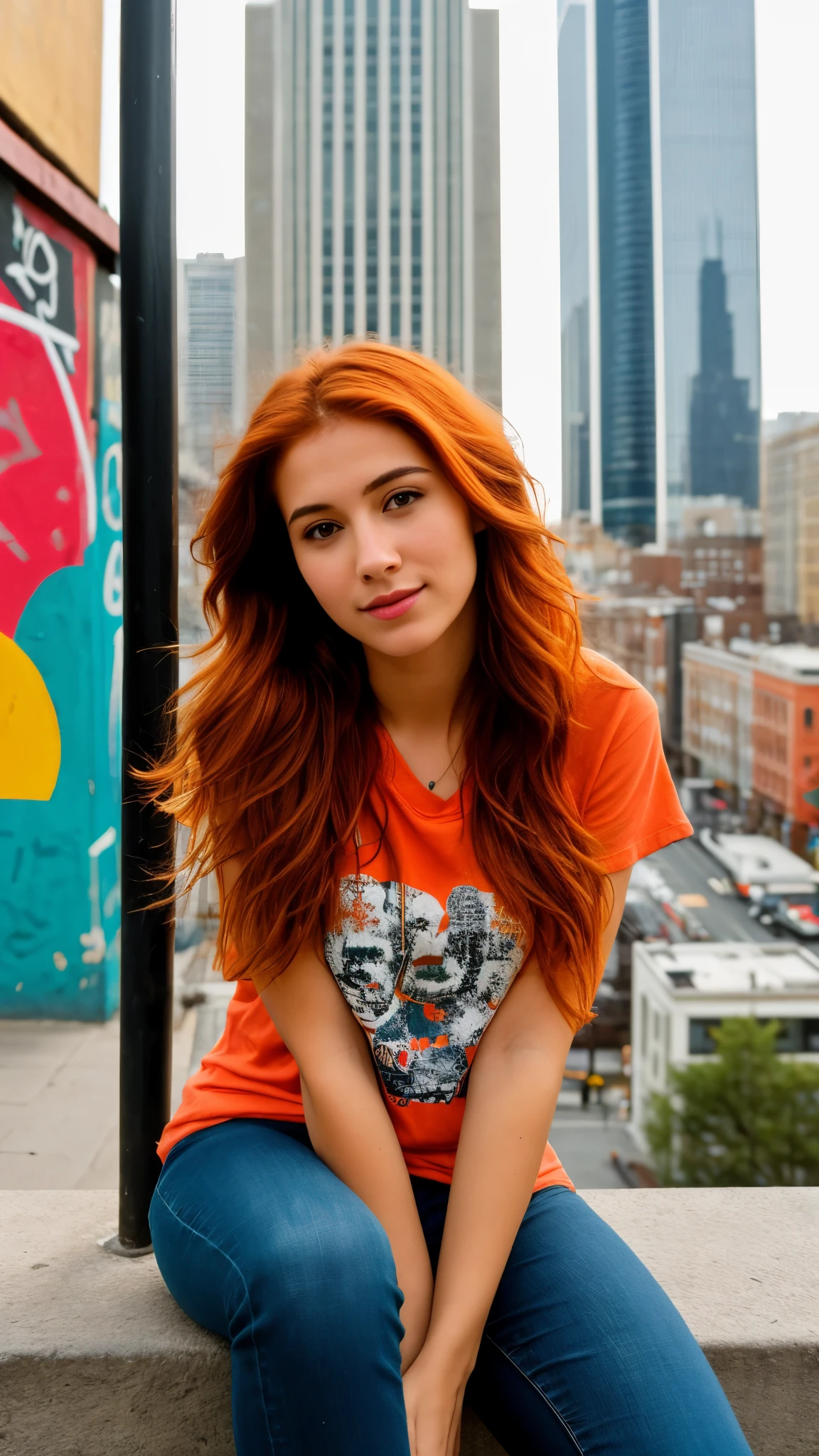 ((best quality)), ((art)), (detailed), perfect face, Beautiful and sexy woman with orange eyes, medium orange hair, nails painted with black nail polish, Shiny, 25 years old, slim waist, very detailed , innocent face, face length 1.2 times the width of the face, almond-shaped eyes, square face shape, high cheekbones, short bright orange wavy hair, brown eyes, high resolution, art, best quality, intricate details, very detailed, looking at the camera, sharp focus, Clear, detailed skin, realistic skin texture, texture, detailed eyes, professional, 4k, charming smile, shot with Canon, depth of field, Kodak Vision Colors, perfectly fitted body, extremely detailed, photo_ \(ultra\), photorealistic, realistic, Post-processing, maximum detail, roughness, Real life, ultrarealistic, photorealism, photography, 8K ultra-hd, A photograph,red-haired girl lies in an urban environment, Alone, sitting delicately on top of a concrete wall. The wall, adorned with vibrant and colorful graffiti, stands out against the surrounding cityscape. She is dressed in a modern, relaxed style, perhaps in relaxed jeans and a t-shirt with an expressive print. Her red hair falls softly over her shoulders, providing a striking contrast to the urban color palette around her. In the background, high up, modern buildings rise, creating a dynamic urban silhouette. The city lights begin to come on, casting a soft light on the girl and creating a welcoming atmosphere. She holds something in her hands, perhaps a book, a phone or simply contemplating the city. The expression on her face suggests a mix of serenity and reflection as she absorbs the urban energy around her. This moment captures the quiet solitude and beauty found in individual interactions with the vastness and complexity of an urban environment.
