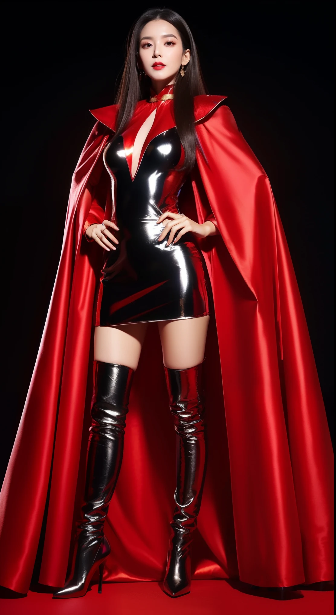 beauty of korean,super long straight hair,be realistic,red sequin high leg dress,A super long gold satin vampire cloak that wraps around your body.,cape,open the cloak,Spreading cloak,cape,black thigh-high boots with stiletto heels, Are standing,frontage,full body image