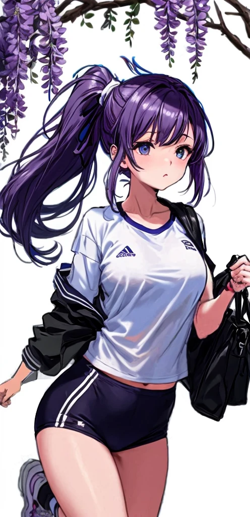 A beautiful woman with a mature face and long wisteria-purple hair tied in a ponytail with a pale pink ribbon.。White gym clothes。dark blue buruma。school playground。