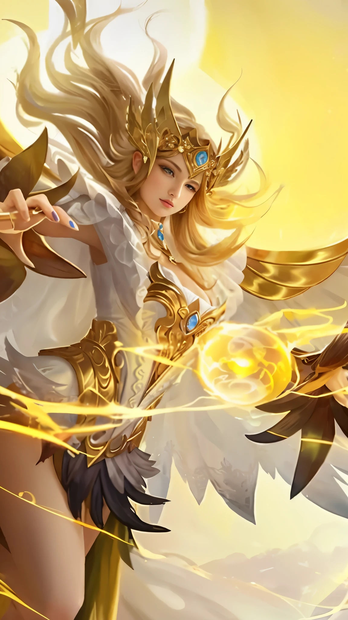 Absurd, ultra-detailed, high quality, masterpiece, detailed face, beautiful eyes(detailed eyes), Greek mythology, Goddess, Hera , the queen of the gods, striking and captivating, features are classically beautiful, with high cheekbones, a perfectly proportioned face, eyes depicted as large and captivating, hold an intense gaze, golden hair , Gole hair is luxuriant and flowing, cascading down her back in waves , wearing elegant robes adorned with intricate patterns , Her beauty is not merely superficial but embodies the essence of power, authority, and regality.