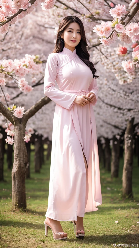 1 person, in the cherry blossom forest, Vietnamese ao dai, holding a lotus flower (light pink), long hair, light breeze, lotus background,Gentle smile, super beautiful face, smooth skin, Ao Dai with the Vietnamese flag under the hem, falling lotus flowers ,Long legs (just enough), Super sharp images, Ultra 8K, Ultra HD,(Full Body),(cute face:1.3),(huge breasts:1.3),(high-heels:1.3),(big hips1.3),(medium thighs:1.3)