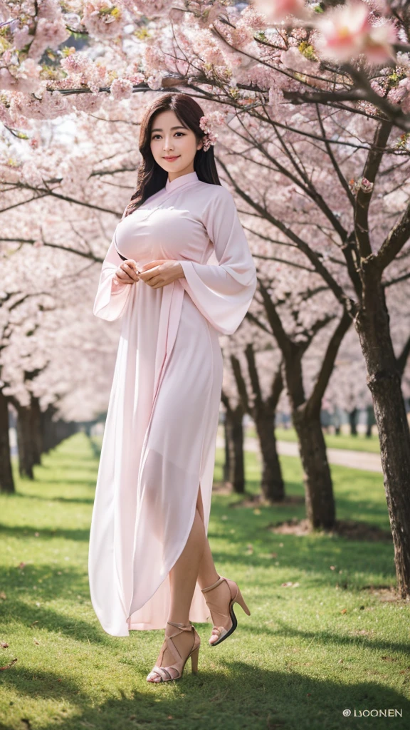 1 person, in the cherry blossom forest, Vietnamese ao dai, holding a lotus flower (light pink), long hair, light breeze, lotus background,Gentle smile, super beautiful face, smooth skin, Ao Dai with the Vietnamese flag under the hem, falling lotus flowers ,Long legs (just enough), Super sharp images, Ultra 8K, Ultra HD,(Full Body),(cute face:1.3),(huge breasts:1.3),(high-heels:1.3),(big hips1.3),(medium thighs:1.3)