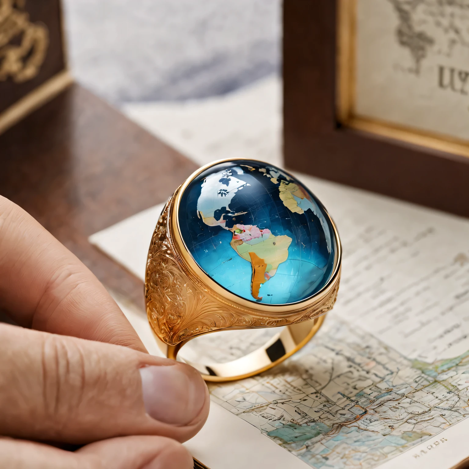 （best quality，4K，8k，masterpiece：1.2），Super fine，（lifelike，The photos are real，照片lifelike：1.37），map ring，Precise world map engraving，The finest metalwork craftsmanship，Soft velvet cushions，Beautifully designed gift box，luxury display，No studio lights，bright colors，Subtle blue tones gradient，The gem emits a soft golden light，Subtle reflections on polished surfaces，Illuminating intricate carvings