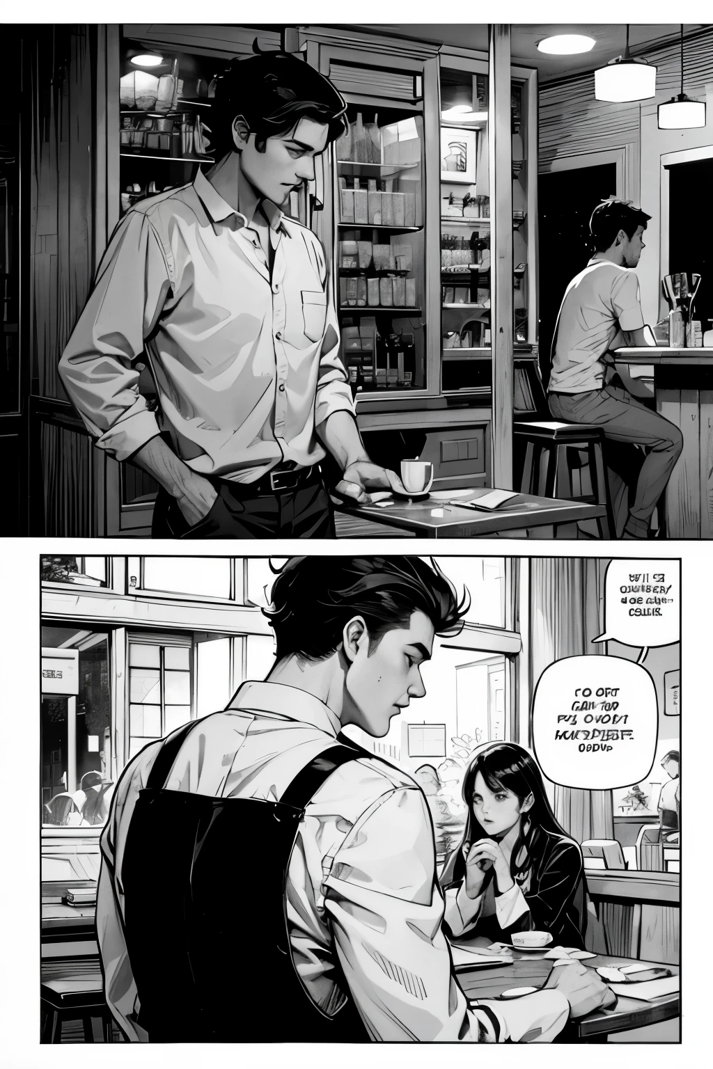 pagina quadrinho estilo manga preto e branco, (cena noturna) (( enquadramento dinamico)) PUB cafe at night, fundo rua lotada, pessoas brigando