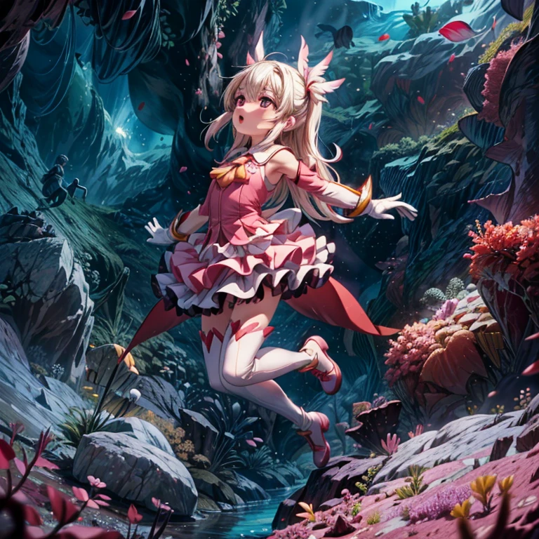 Solo,
Illyasviel von Einzbern,
(((Moe))), (((kawaii))), (((She is short in stature))),
illyasviel von einzbern, blonde hair, hair between eyes, long hair, (red eyes:1.5),boots, detached sleeves, earrings, feather hair ornament, feathers, gloves, hair ornament, jewelry, layered skirt, long sleeves, magical girl, miniskirt, pink footwear, pink shirt, pink sleeves, pleated skirt, shirt, skirt, sleeveless, sleeveless shirt, staff, thigh boots, thighhighs, wand, white feathers, white gloves, white skirt, zettai ryouiki,(((pink cape))),
(((Look away))),(((look up at the ceiling))),
(((She dances a jumping dance of the dedication))),
(((hands on chest))),
wide open eyes in surprise, (((yell out in surprise))),
(((underwater))),(((depths-fc))), (((in a cave filled with water))), (((Ceiling blocked by rocks))),
(((low angle shot))),(((side shot))),
focus on the buttocks,
blowing in the wind,
A lot of small bubbles,
full body, Dutch Angle,
depth of fields,
god rays,
official art, extremely detailed CG unity 8k wallpaper,
(((masterpiece))), (((best quality))), (((anatomically correct))), (((super detail)))