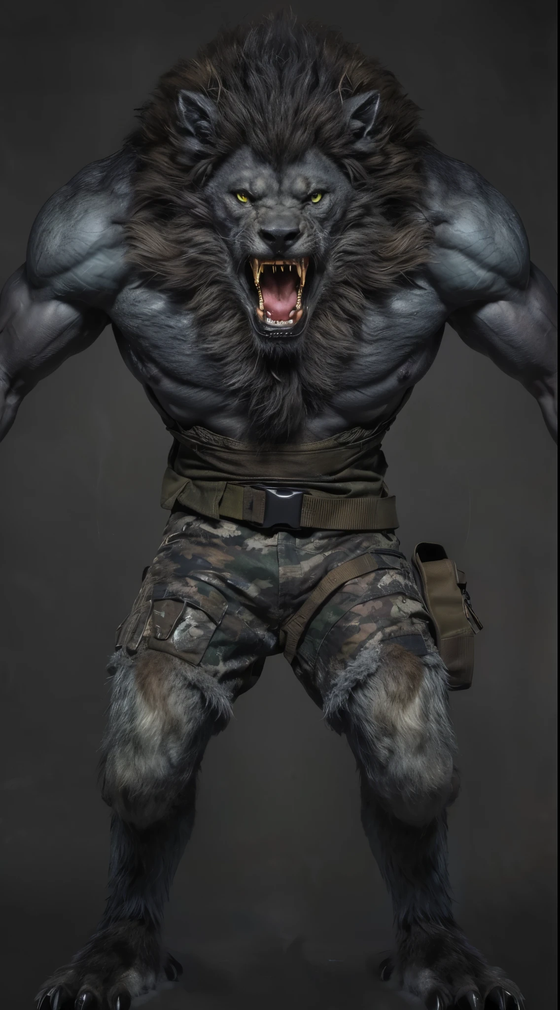 (masterpiece),(best quality:1.0),(ultra high resolution:1.0),monster, werewolf, menacing look,claws, green eyes , fangs, lion's mane, shorts russian winter camouflage, hair on the body, wolfteam, face focus, 8k wallpaper, full body
