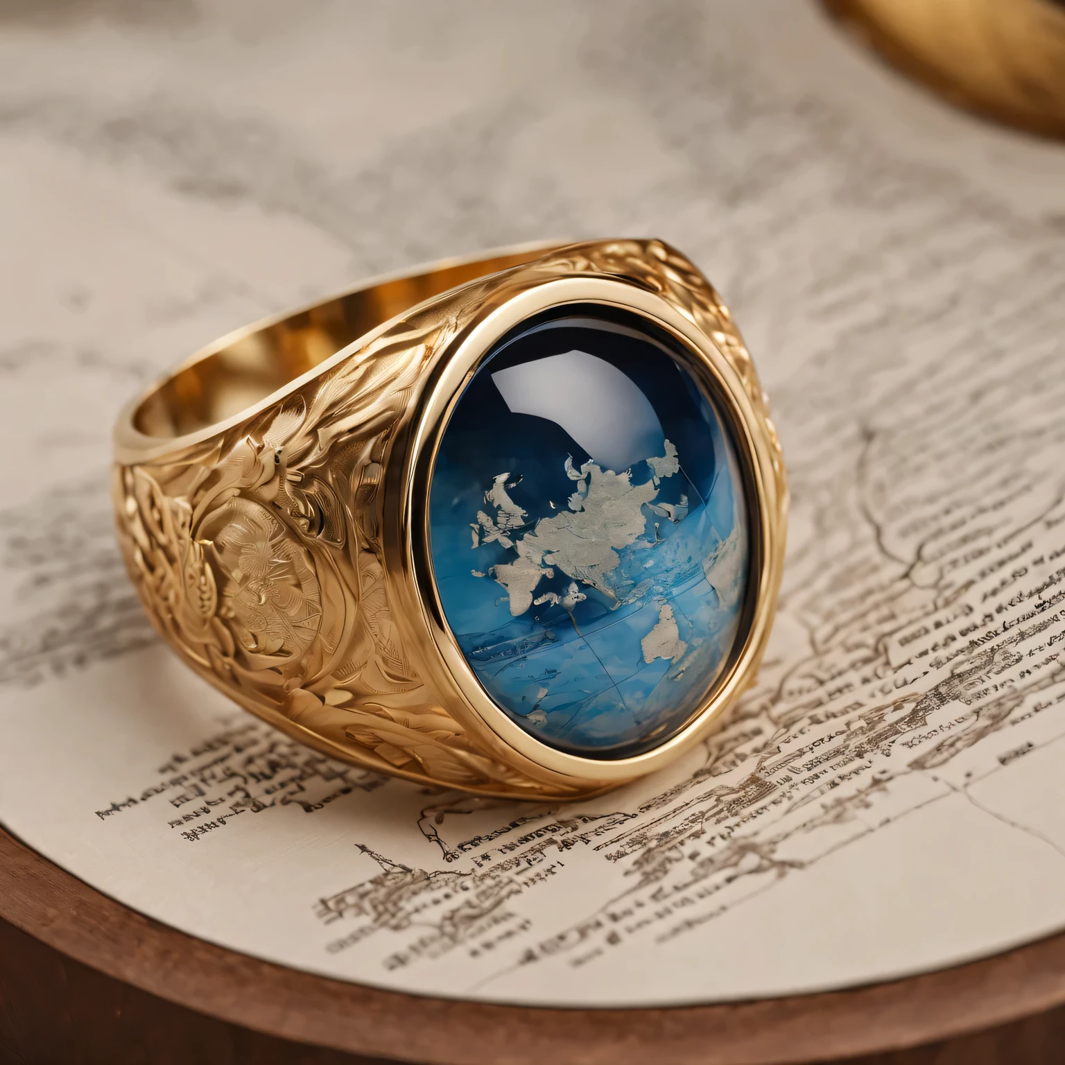 (best quality,4K,8k,masterpiece:1.2),Super fine,(lifelike,The photos are real,照片lifelike:1.37),map ring,Precise world map engraving,The finest metalwork craftsmanship,Soft velvet cushions,Beautifully designed gift box,luxury display,No studio lights,bright colors,Subtle blue tones gradient,The gem emits a soft golden light,Subtle reflections on polished surfaces,Illuminating intricate carvings