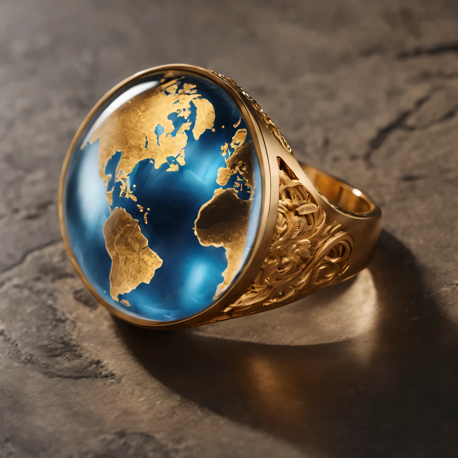 （best quality，4K，8k，masterpiece：1.2），Super fine，（lifelike，The photos are real，照片lifelike：1.37），map ring，Precise world map engraving，The finest metalwork craftsmanship，Soft velvet cushions，Beautifully designed gift box，luxury display，No studio lights，bright colors，Subtle blue tones gradient，The gem emits a soft golden light，Subtle reflections on polished surfaces，Illuminating intricate carvings