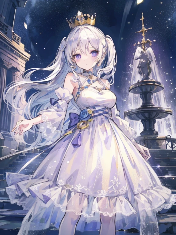 highest quality, treble range, 1 girl, white hair, beautiful purple eyes, crown, in a blue and white dress, Detailed golden accessories on the dress, Standing in front of the fountain square at night