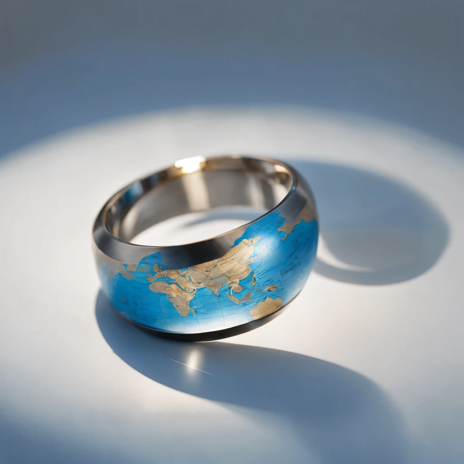 (best quality,4K,8k,masterpiece:1.2),Super fine,(lifelike,The photos are real,照片lifelike:1.37),map ring,Precise world map engraving,No studio lights,Subtle blue tones gradient,Subtle reflections on polished surfaces,Illuminating intricate carvings