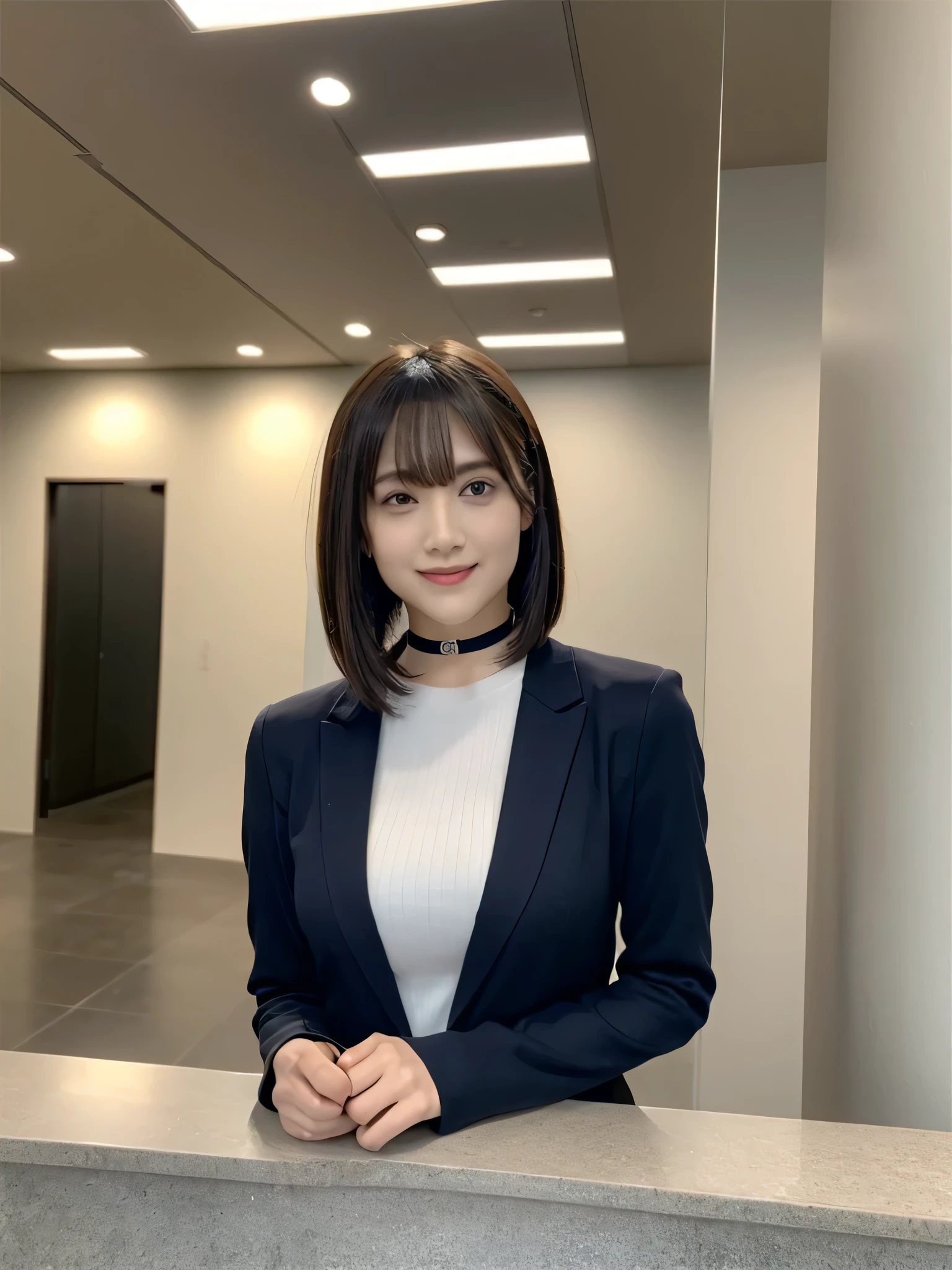 table top, highest quality, shape, Super detailed, finely, High resolution, 8k wallpaper, 完璧なダイナミックな構shape, beautiful and detailed eyes, natural lip,navy blue blazer , big breasts, whole body、black choker、big breasts、standing on the other side of the counter、（white shirt）、modern office、marble wall、high ceilings、bright lighting、Photographed from the front、smile、office lady、beauty secretary、formal、Reception counter、photographed from a distance