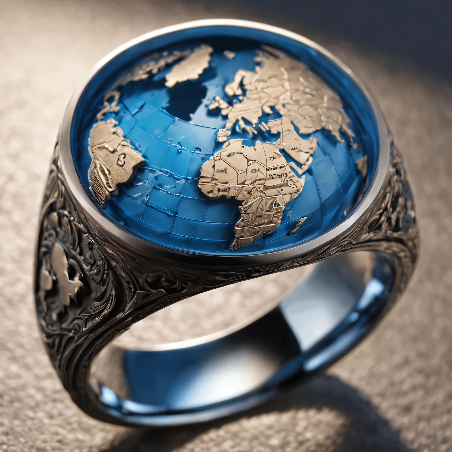 (best quality,4K,8k,masterpiece:1.2),Super fine,(lifelike,The photos are real,照片lifelike:1.37),map ring,Precise world map engraving,No studio lights,Subtle blue tones gradient,Subtle reflections on polished surfaces,Illuminating intricate carvings