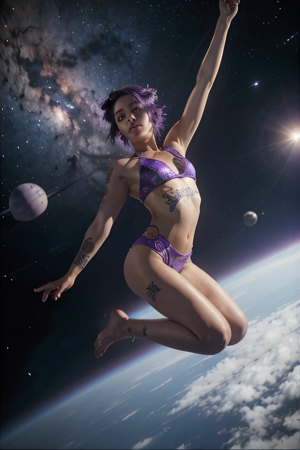 girl, idol, photo, film, depth of field, skin texture, braids, short hair, purple hair, tattoos, stay-ups, space, floating, floating in space, floating in air, clothes