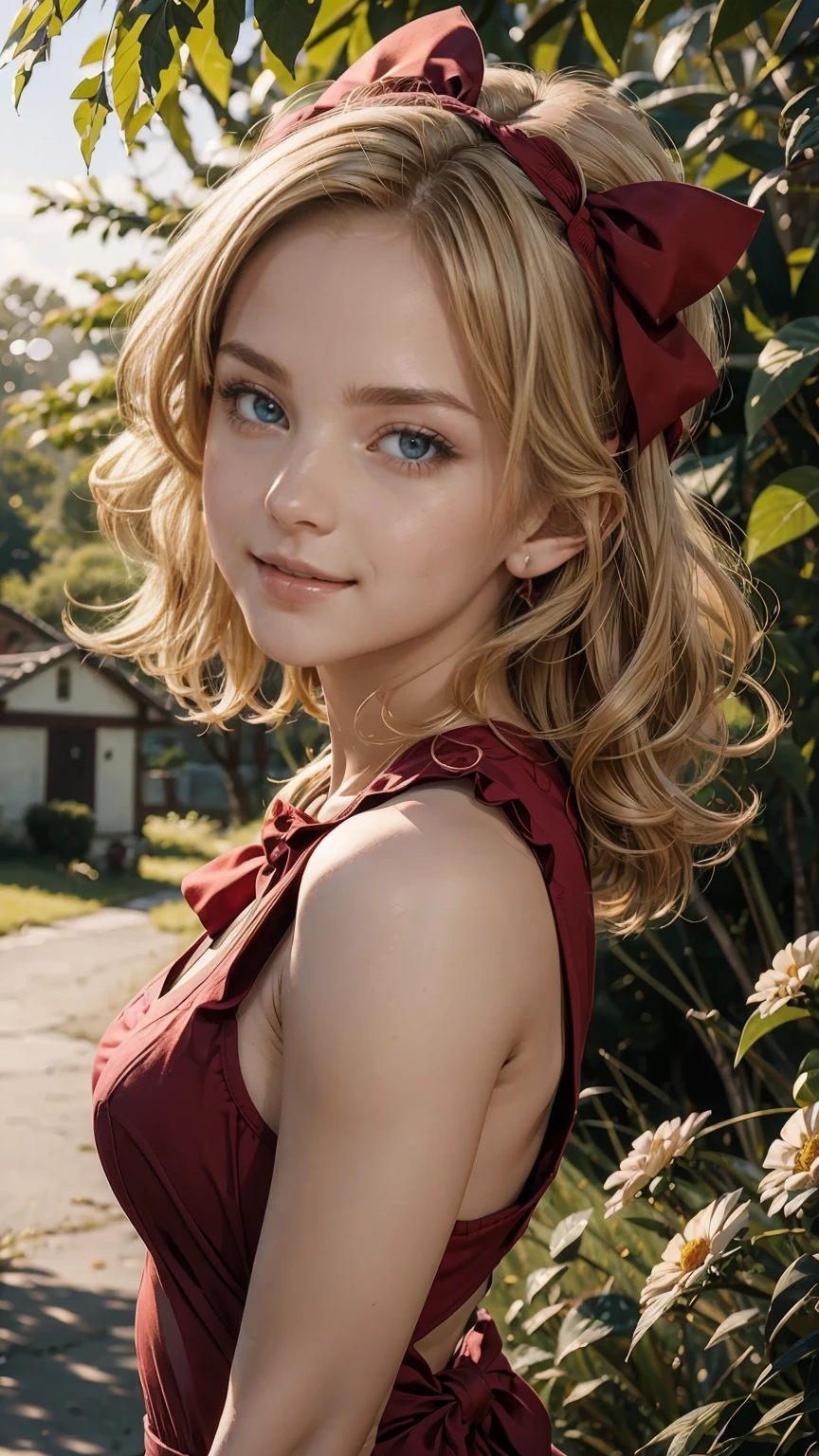 A 23-year-old white woman with unparalleled beauty.、blue eyes、dark blonde、hair is wavy、bob hair、She wears a red ribbon headband on her head.、The ends of the hair are curled upwards、smile、Slender yet well-proportioned body、sunlight is shining from above、photorealistic images、8K quality、I don't want my head to disappear from the screen.、Ghibli、Witch's Delivery Service、kiki