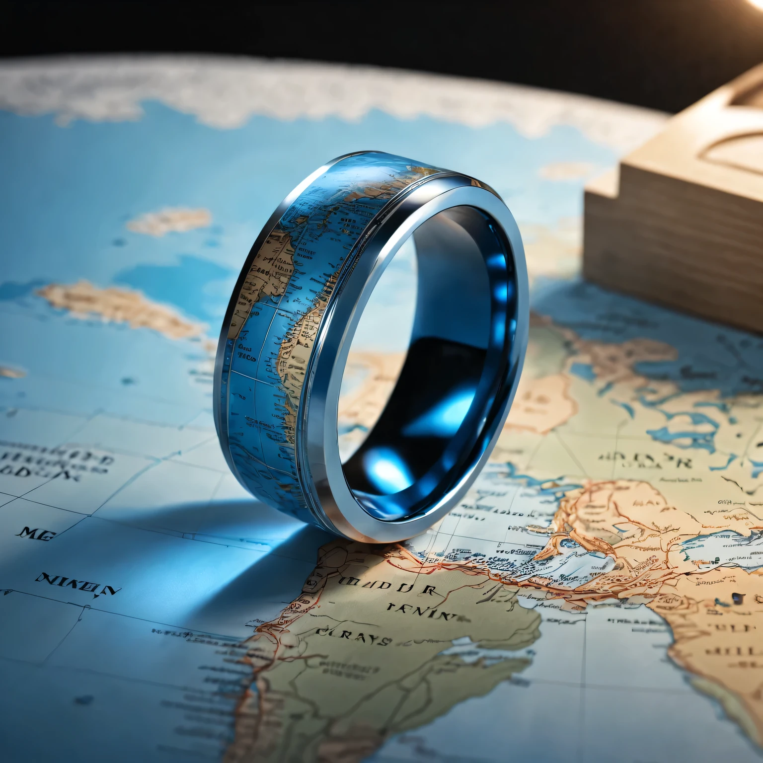 (best quality,4K,8k,masterpiece:1.2),Super fine,(lifelike,The photos are real,照片lifelike:1.37),map ring,Precise world map engraving,No studio lights,Subtle blue tones gradient,Subtle reflections on polished surfaces,Illuminating intricate carvings
