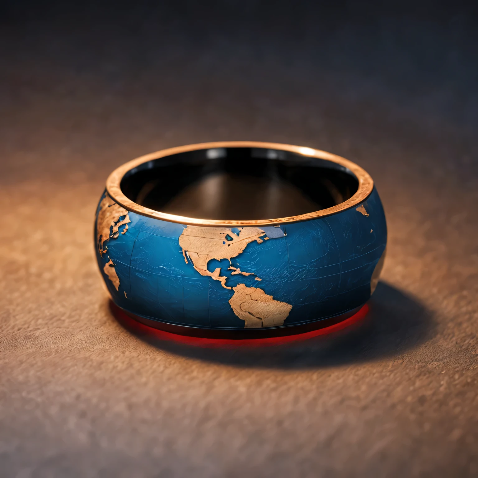 （best quality，4K，8k，masterpiece：1.2），Super fine，（lifelike，The photos are real，照片lifelike：1.37），map ring，Precise world map engraving，No studio lights，Subtle blue tones gradient，Subtle reflections on polished surfaces，Illuminating intricate carvings，Soft red velvet cushions