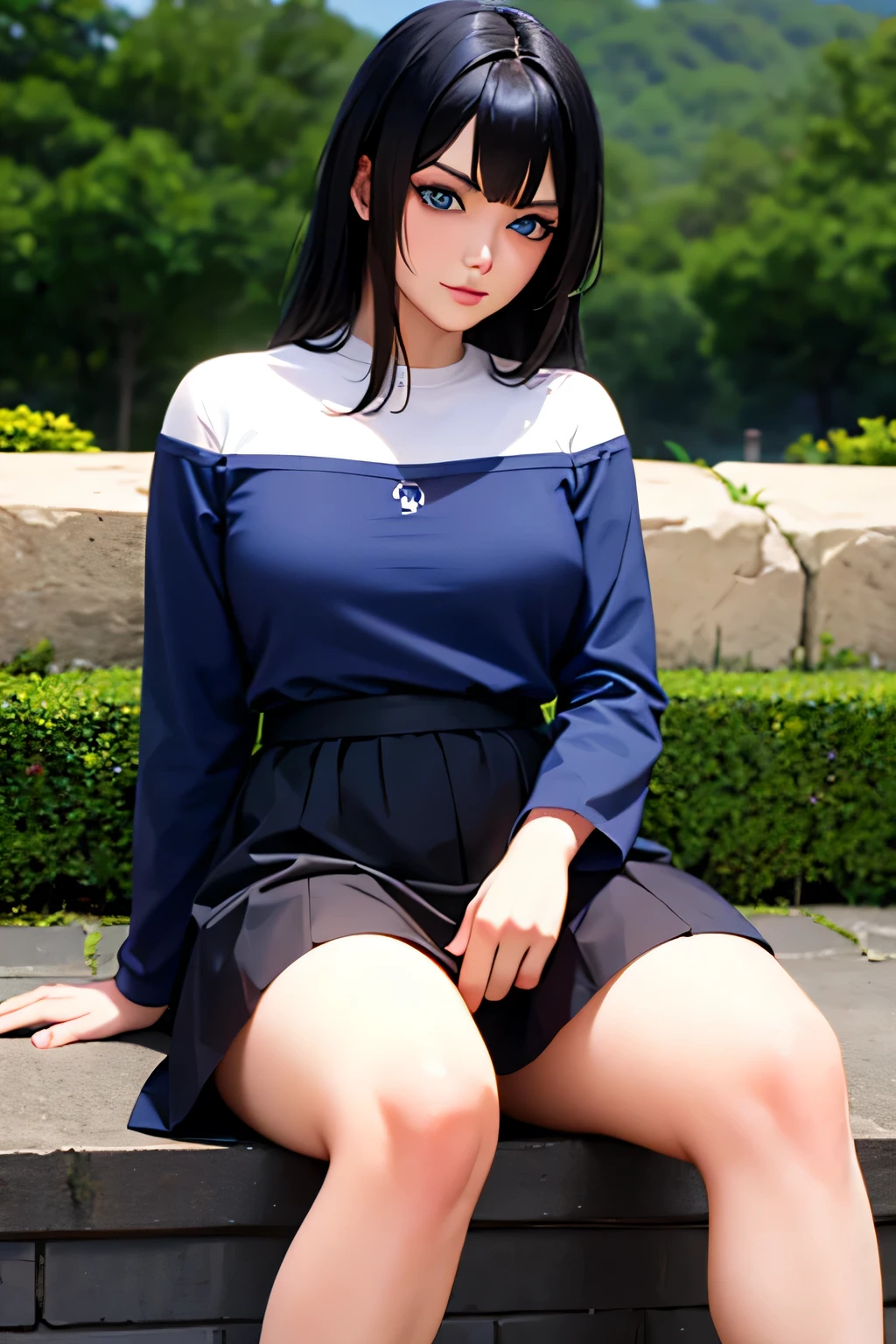 very high quality ,anime girl, black hair, blue eyes, tall, pretty, rich, sitting ,park