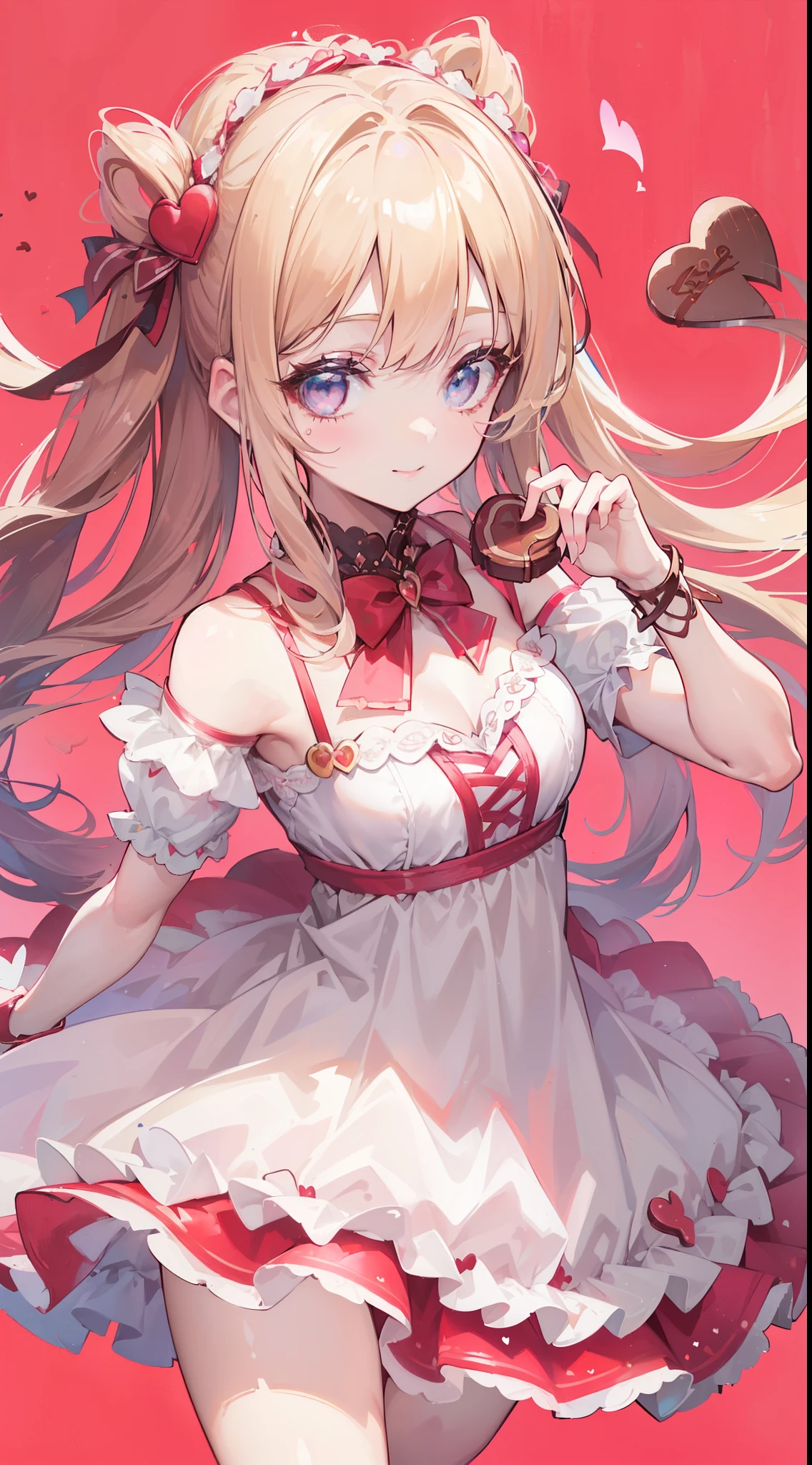 (((32k))), (16k), (8k), (4k), (((32k heart background))), (((Pretty girl))), (((cute girl))), (beautiful quality eyes), (cute smile), (((dress))), (valentine), ((holding heart chocolate)),