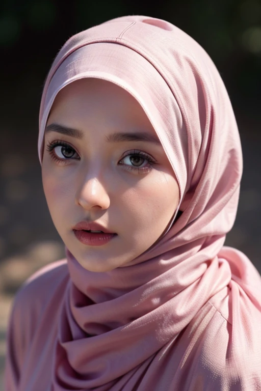 Realistic photo,wearing navi dress and long hijab Balck colours, look from above, hyperrealistic, masterpiece, sweet ekspresion, melancholy , closeup photo, bright eyes, sexy lips, detailed makeup, detailed eyes cornea, wearing hijab no hair looks, blush pink cheek, outdoor background
