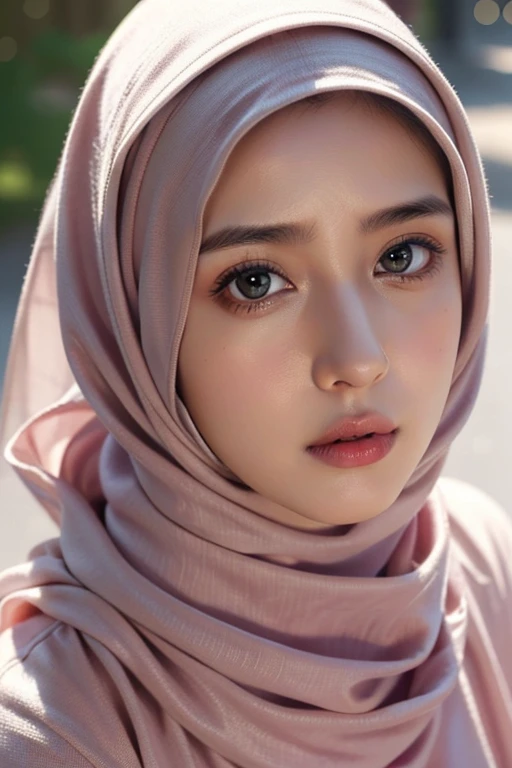 Realistic photo,wearing navi dress and long hijab Balck colours, look from above, hyperrealistic, masterpiece, sweet ekspresion, melancholy , closeup photo, bright eyes, sexy lips, detailed makeup, detailed eyes cornea, wearing hijab no hair looks, blush pink cheek, outdoor background