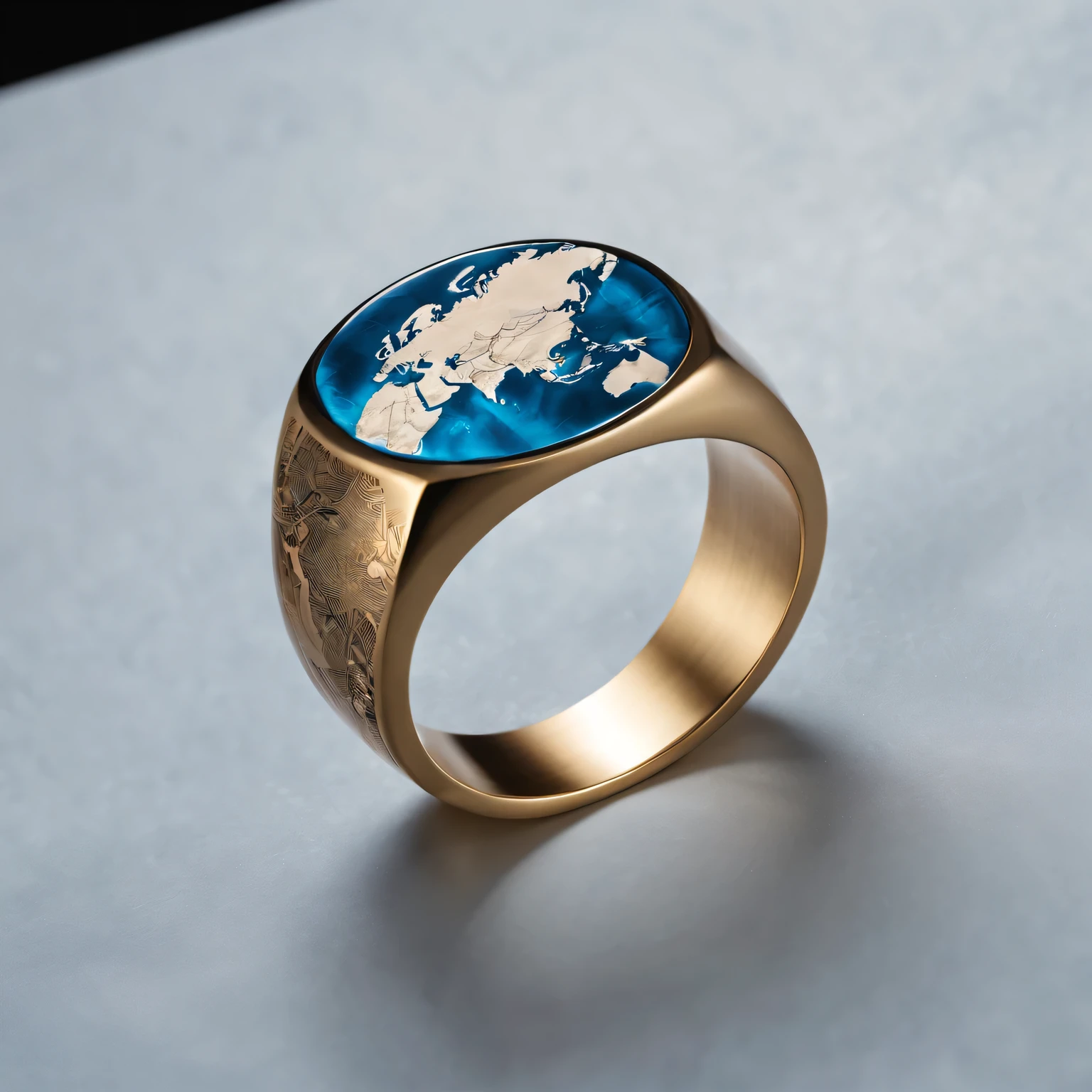 (best quality,4K,8k,masterpiece:1.2),Super fine,(lifelike,The photos are real,照片lifelike:1.37),map ring,Precise world map engraving,No studio lights,Subtle blue tones gradient,Subtle reflections on polished surfaces,Illuminating intricate carvings。On soft red velvet cushions