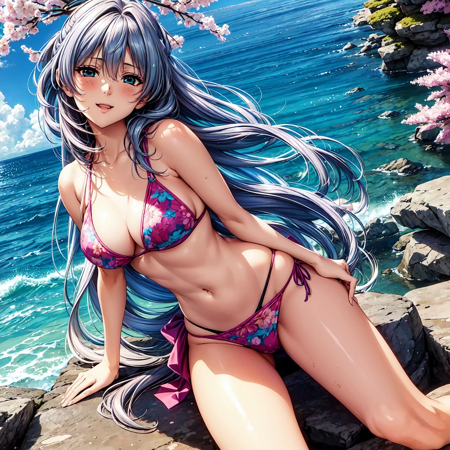 (((highest quality,masterpiece,very high resolution,Super high quality,perfect pixel))), (((Exquisite beauty:1 person,perfect body,Beautiful face is detailed, blush、cute face、beautiful outline、smile, open your mouth))),((long hair, neat bangs, beautiful hair texture)),((Beautiful slit eyes,beautiful eyes,strong-willed eyes, beautiful eyelashes, realistic eyes)), ((beautiful breasts,beautiful feet)),((Cute bikini swimsuit:color and pattern,Elegant bikini swimsuit:color and pattern)),(realistic skin texture,realistic texture:,RAW photo,Anime CG style, Bright colors), (standing posture,dynamic angle,model pose, model shoot), (Beautiful waterfront,There is a waterfall,Cherry tree, Cherry blossoms fall,the wind is blowing),beautiful anime woman, beautiful art style, anime character、Overall image、detailed images、accurate anatomy、Image without defects、natural soft light、beautiful images、非常にdetailed images、(Best Shot 1.5)