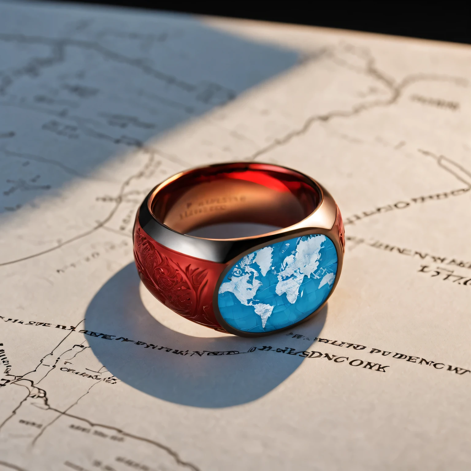 （best quality，4K，8k，masterpiece：1.2），Super fine，（lifelike，The photos are real，照片lifelike：1.37），map ring，Precise world map engraving，No studio lights，Subtle blue tones gradient，Subtle reflections on polished surfaces，Illuminating intricate carvings。On soft red velvet cushions
