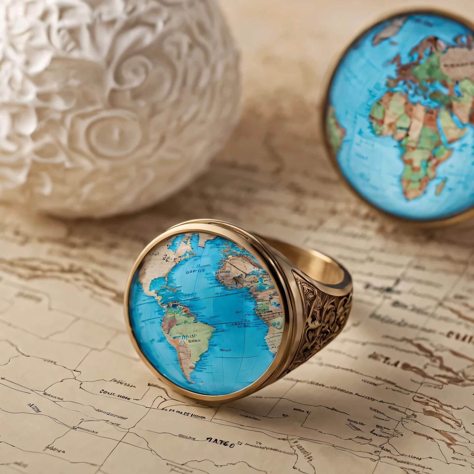 （best quality，4K，8k，masterpiece：1.2），Super fine，（lifelike，The photos are real，照片lifelike：1.37），map ring，Precise world map engraving，No studio lights，Subtle blue tones gradient，Subtle reflections on polished surfaces，Illuminating intricate carvings。On soft red velvet cushions