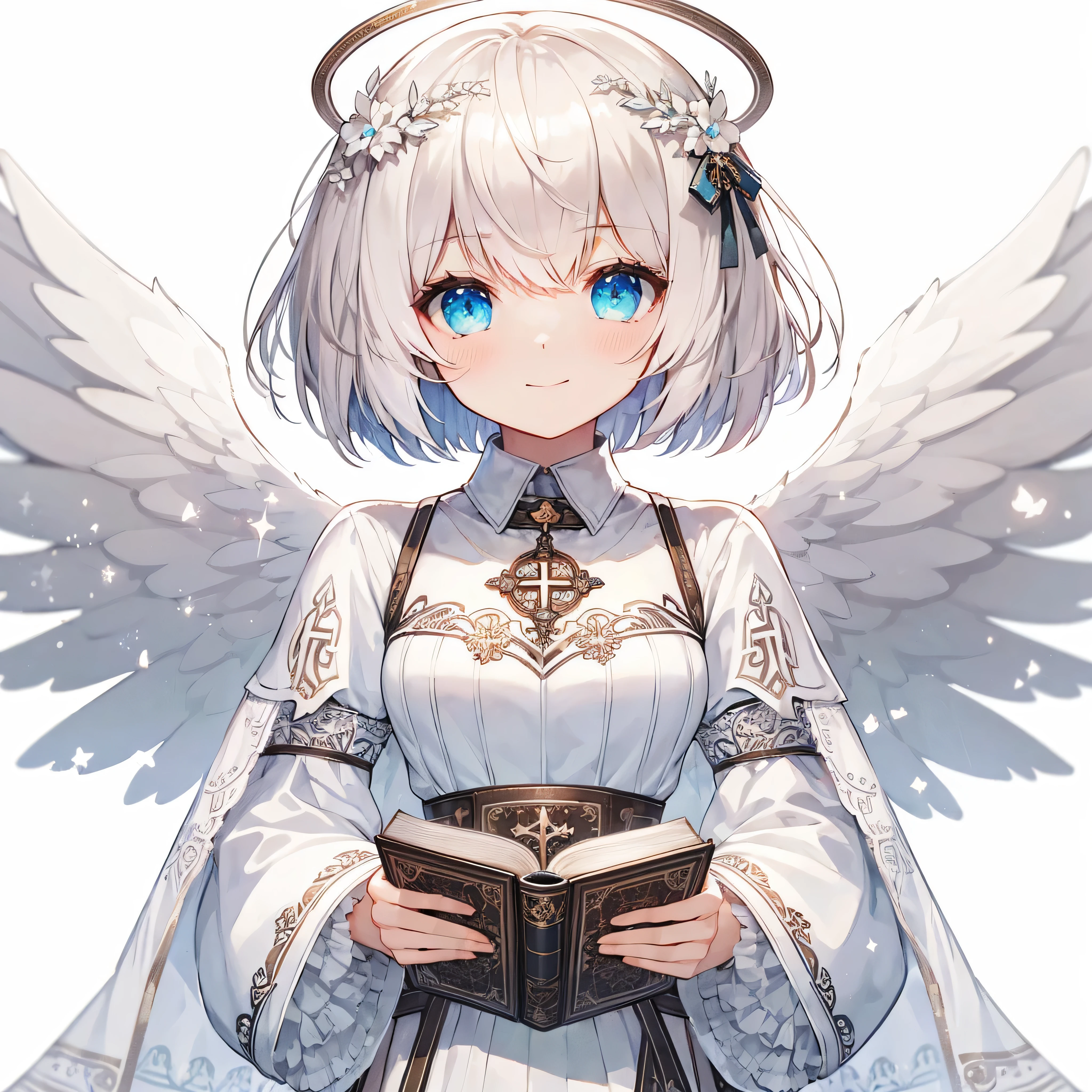 1 girl, medium length white hair, bob cut, blunt bangs, young, angel, healer, wearing clerical clothes with a holy white design, holding a book for casting magic, average body, ultra-detailed face, cute eyes, light blue eyes
BREAK
Flat high-quality illustration style,
BREAK
no background