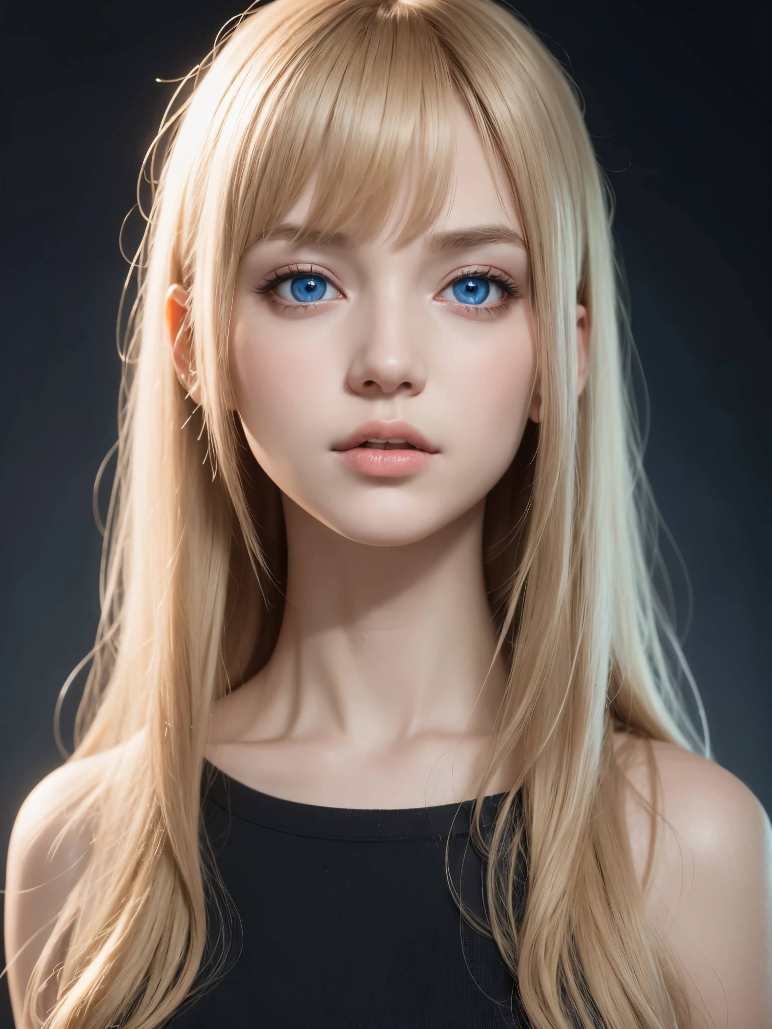 1 girl, starry eyes, blush, perfect lighting, blond, blue eyes, Unreal Engine, side light, Detailed face, Bangs, bright skin, simple background, dark background,