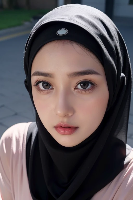 Realistic photo,wearing navi dress and long hijab Balck colours, look from above, hyperrealistic, masterpiece, sweet ekspresion, melancholy , closeup photo, bright eyes, sexy lips, detailed makeup, detailed eyes cornea, wearing hijab no hair looks, blush pink cheek, outdoor background