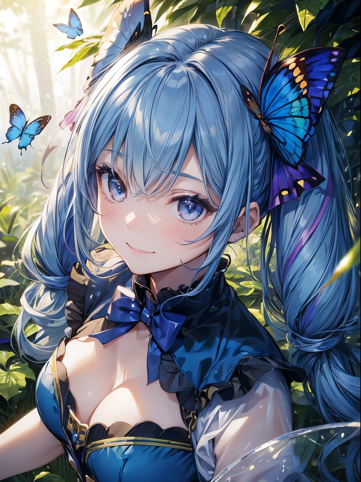 beehive、lots of bees、in the forest、(muste piece:1.3), (8K, It&#39;s photorealistic, Raw photo, best quality: 1.4), pretty face, (realistic face), beautiful detailed eyes, (realistic skin), Attractive, elaborate details,golden ratio, 1  girl,naughty smile, (rainbow hair:1.4),((long twintails,ribbon 1.4)), (Blue Butterfly Hair Ornament 1.3)、dynamic angle,elaborate details, hyper real、A sloppy smile、smiling、strong face、Asahi、godの光、god、