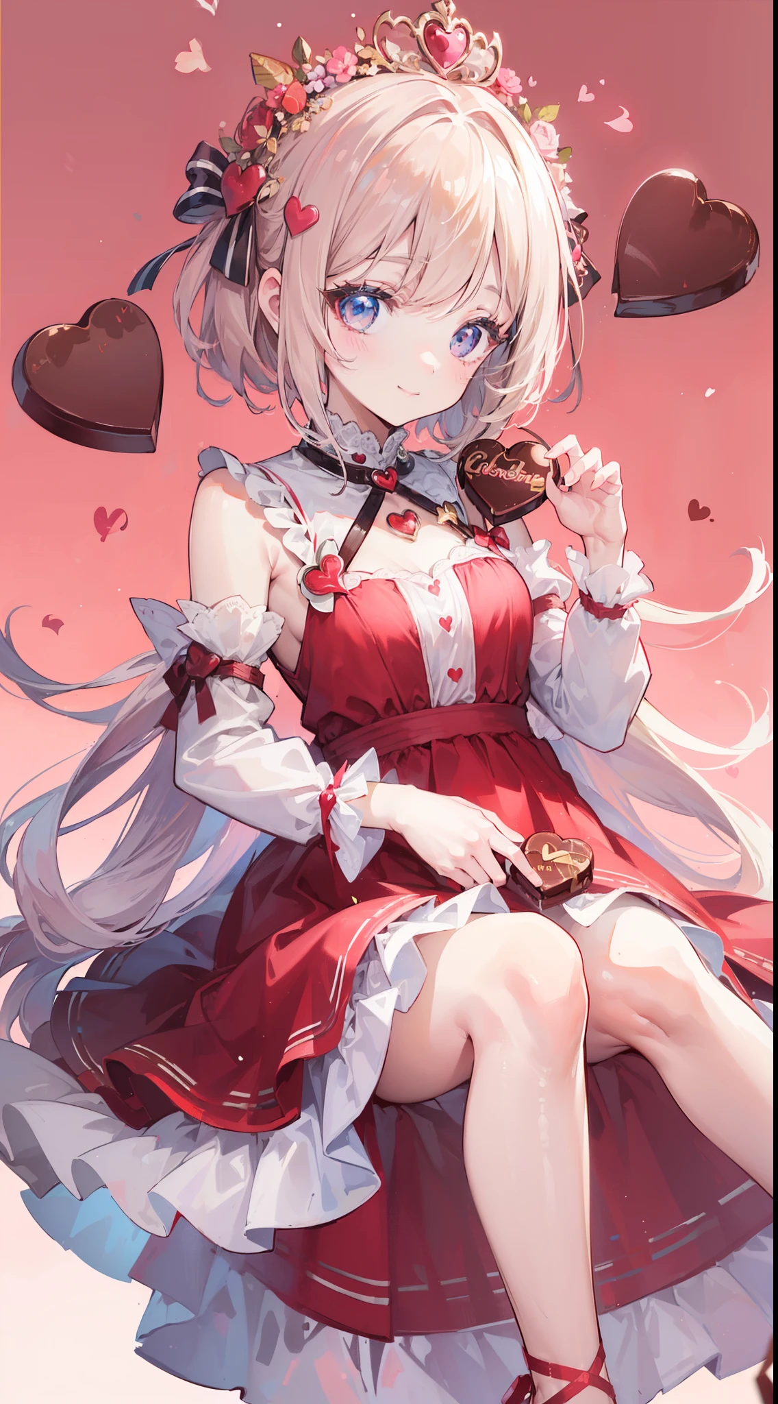 (((32k))), (16k), (8k), (4k), (((32k heart background))), (((Pretty girl))), (((cute girl))), (beautiful quality eyes), (cute smile), (((dress))), (valentine), ((holding heart chocolate)),