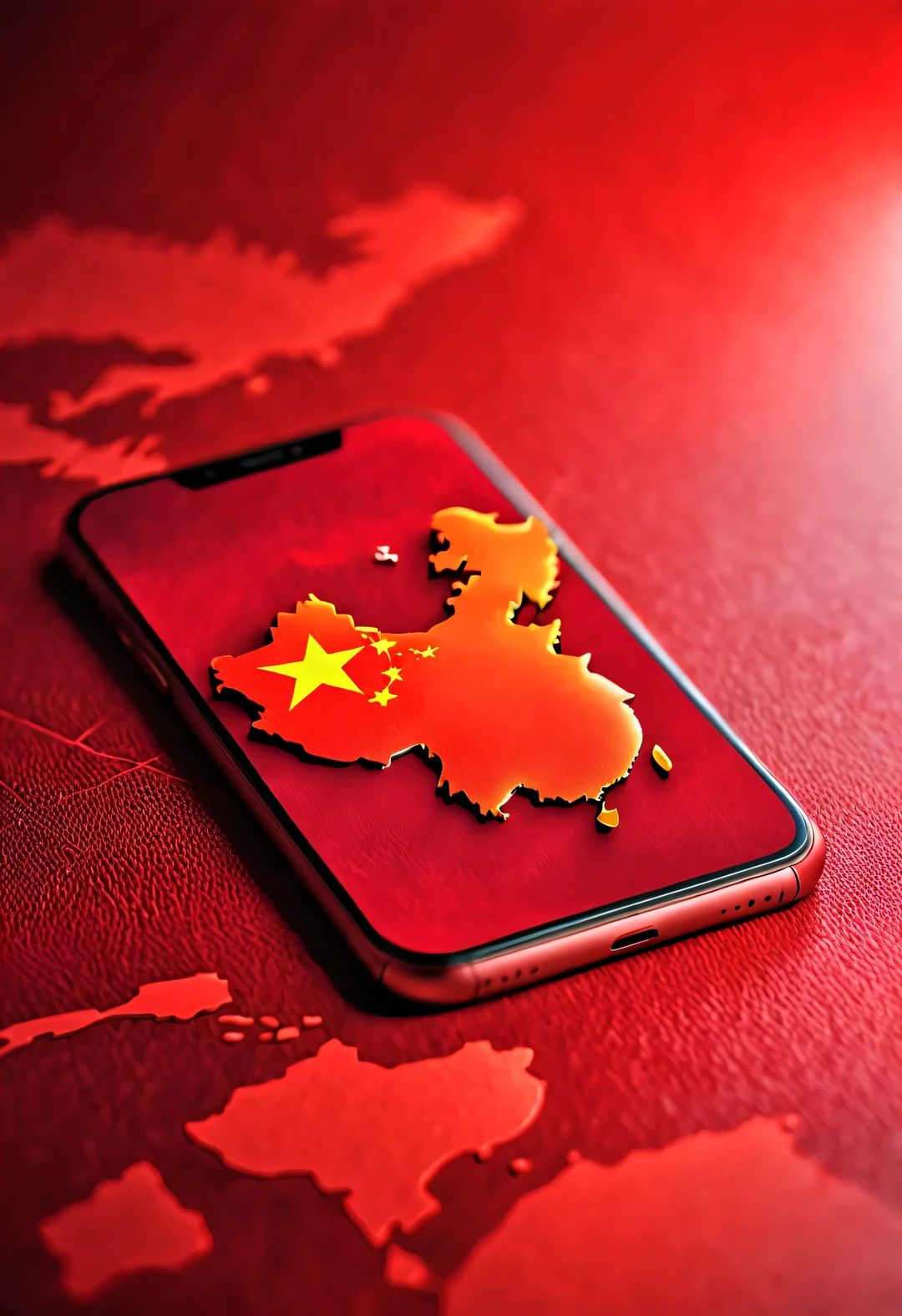 APP icon design style, red mobile wallpaper，（China 3D map），background：Blurred flat world map outline