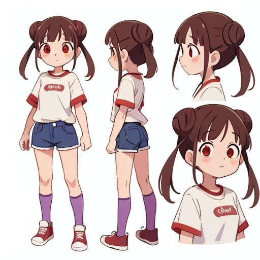 chiyoko sonoda, brown hair, (red eyes:1.5), hair bun, long hair, double bun, sidelocks, white background, purple jeans, shorts, white shirt, character sheet