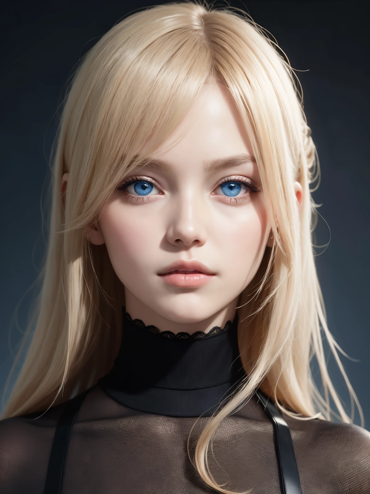 1 girl, starry eyes, blush, perfect lighting, blond, blue eyes, Unreal Engine, side light, Detailed face, Bangs, bright skin, simple background, dark background, 