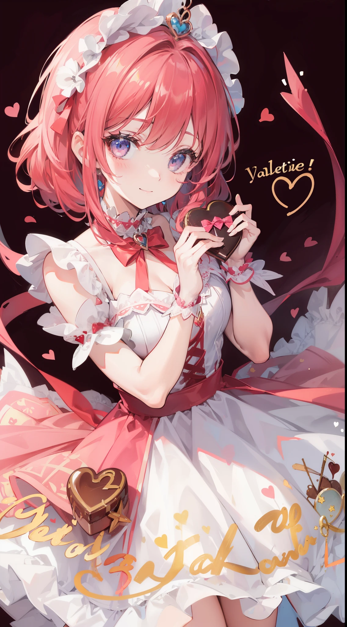 (((32k))), (16k), (8k), (4k), (((32k heart background))), (((Pretty girl))), (((cute girl))), (beautiful quality eyes), (cute smile), (((dress))), (valentine), ((holding heart chocolate)),