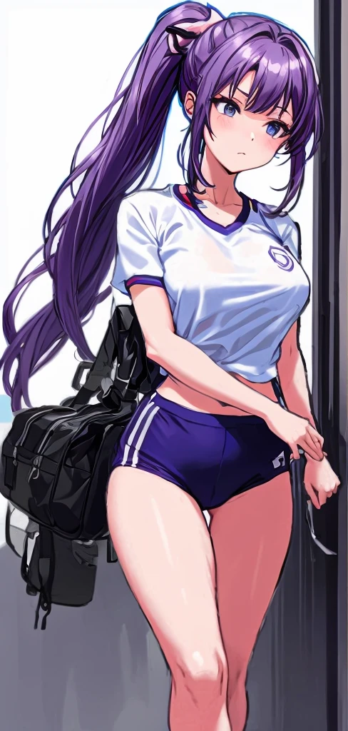 A beautiful woman with a mature face and long wisteria-purple hair tied in a ponytail with a pale pink ribbon.。White gym clothes。dark blue buruma。school playground。legs spread wide。