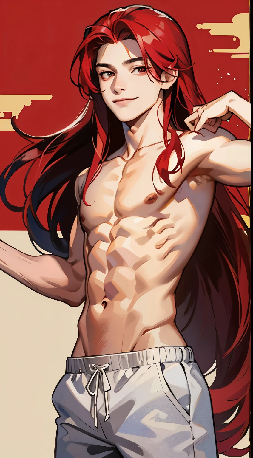 -year-ored e, red long hair,(long hair), smiling, shirtless, ((No muscle, no abs, Children's body)), anime, room background