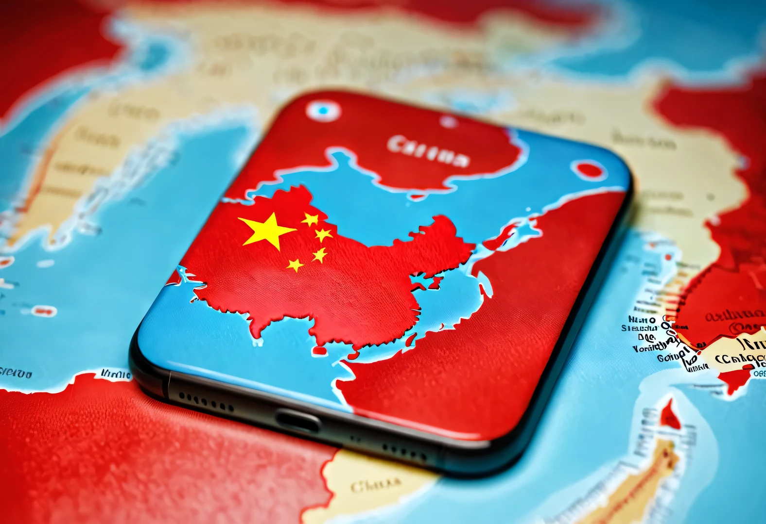 APP icon design style, red mobile wallpaper，（China 3D map），background：Blurred flat blue world map outline