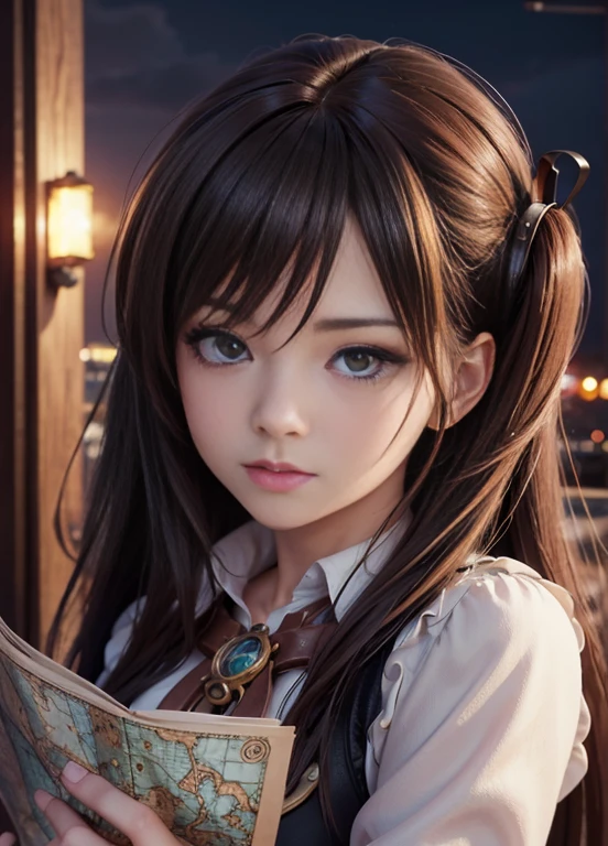 Ultra-realistic 8k CG, masterpiece, best quality, (photorealistic:1.4), absurdres, extremely detailed, realistic anime style, realistic anime style, realistic art style, kawaii realistic portrait, anime art style, anime styled digital art, Anime style. 8K, anime vibes, anime style portrait, anime realism style, realistic anime 3 d style, an steampunk girl ((looking at a map)), steampunk dress, steampunk costume, steampunk airship, night storm, 