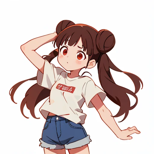 chiyoko sonoda, brown hair, (red eyes:1.5), hair bun, long hair, double bun, sidelocks, white background, denim, shorts, white shirt, character, idle