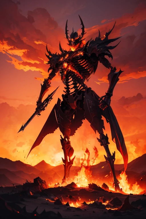  Metal fire skeleton, a towering figure of iron and flames, commanding a battlefield with fire erupting from its joints, a background of a war-torn land under a crimson sky, emanating power and destruction, Illustration, dynamic ink and watercolor, --ar 16:9 --v 5