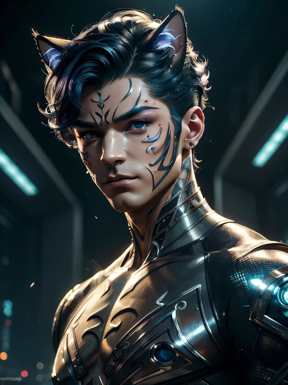 (((masterpiece)))、(((top-quality)))、((ultra-definition))、(High Definition CG Illustration)、((extremely delicate and beautiful))、Cat man, Cyber City、Cinematic Light、man with shearing hairstyle、Unconventional、Cyber man、2080s、animesque、man with、facepaint、face tattoos、trending on artstationh