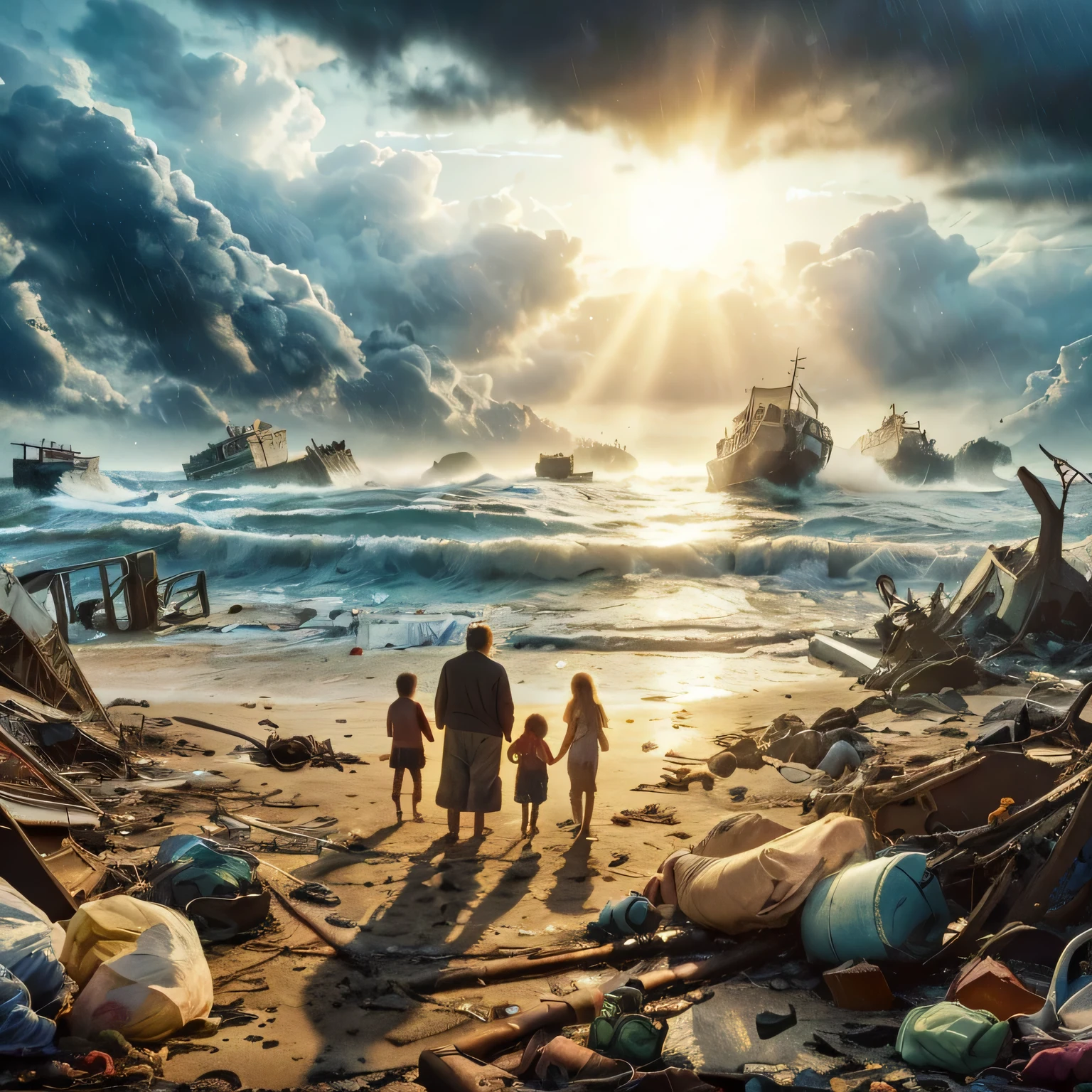 (a picture of Noah with his family at the playa after a maritime disaster, con basura y escombros de casas y barcos, Realista and cinematic style),(Mejor calidad,4k,8k,high resolution,obra maestra:1.2),ultra detallado,(Realista,photoRealista,photo-Realista:1.37),playa,destruction,Damaged buildings,barcos en dificultades,devastation,tristeza,miedo,supervivencia,Amor paternal,zona inundada,cielos ominosos,nubes oscuras,dusk lighting,vivid colors,Restos,debris strewn on the playa,Mar tormentoso,olas rompiendo.