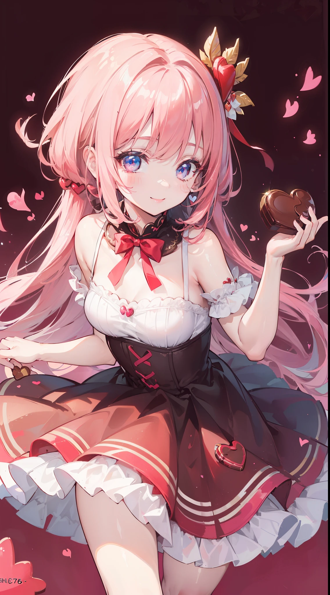 (((32k))), (16k), (8k), (4k), (((32k heart background))), (((Pretty girl))), (((cute girl))), (beautiful quality eyes), (cute smile), (((dress))), (valentine), ((holding heart chocolate)),