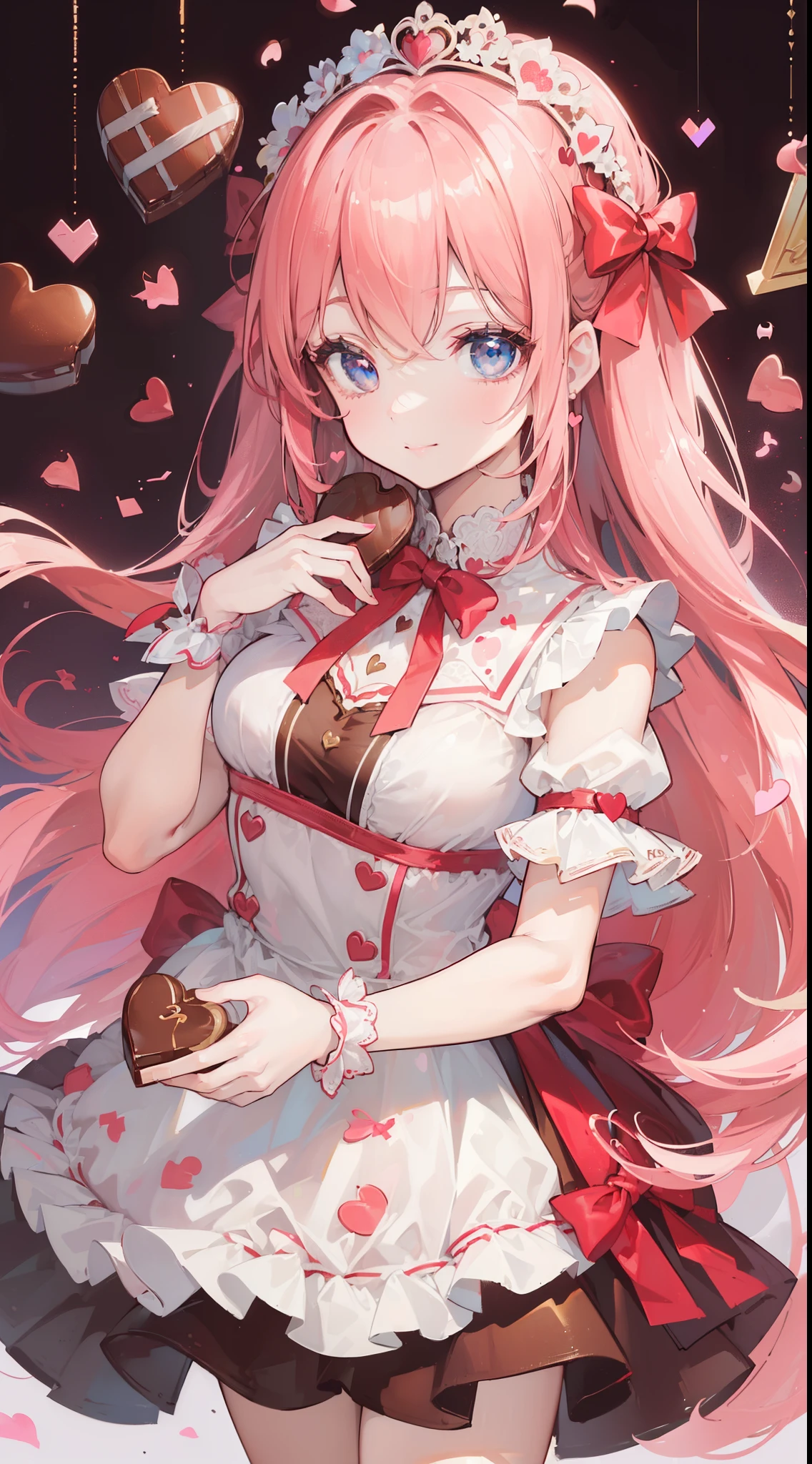 (((32k))), (((32k heart background))), (((Pretty girl))), (((cute girl))), (beautiful quality eyes), (cute smile), (((dress))), (valentine), ((holding heart chocolate)), 