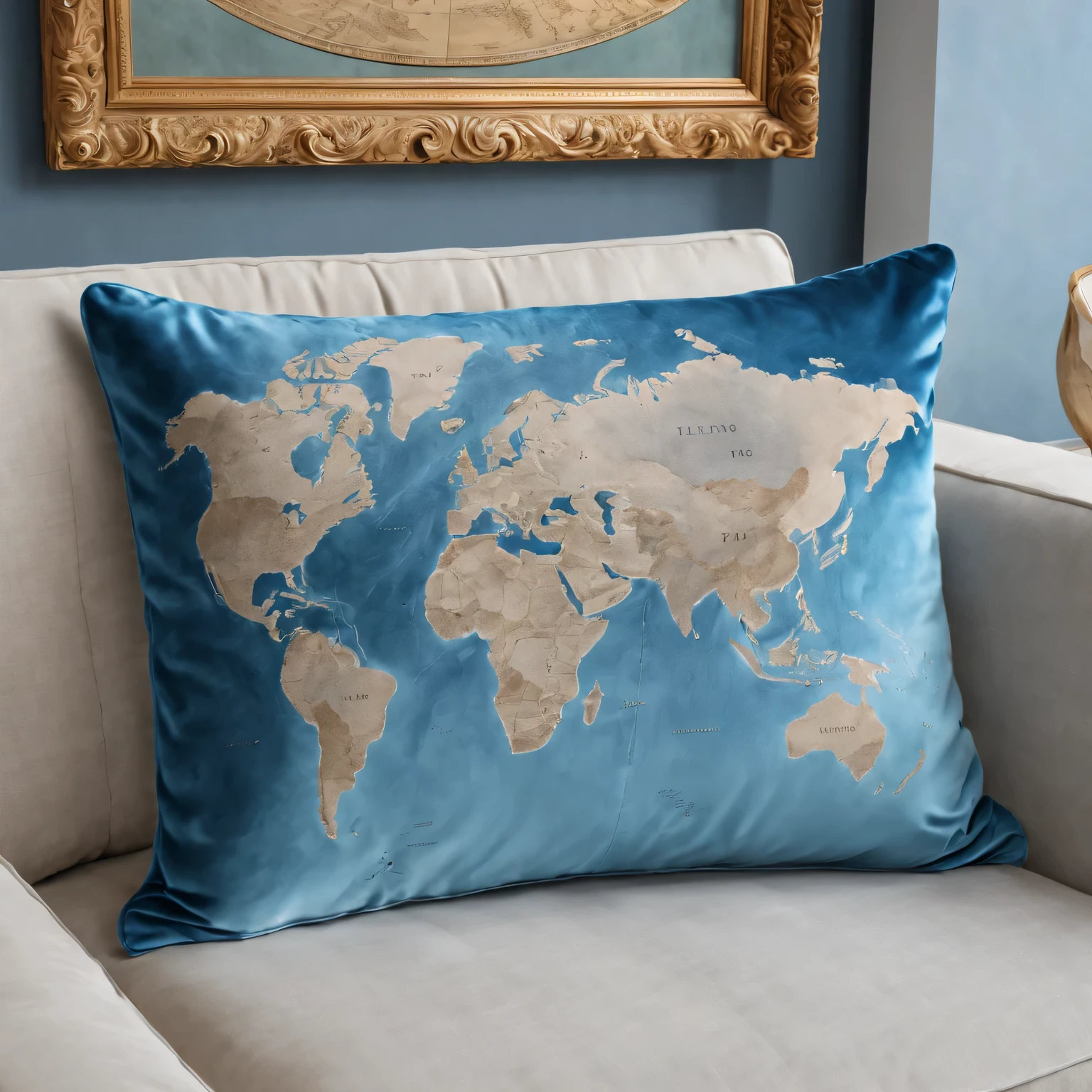 （best quality，4K，8k，masterpiece：1.2），Super fine，（lifelike，The photos are real，照片lifelike：1.37），map board，Precise world map engraving，No studio lights，Subtle blue tones gradient，Subtle reflections on polished surfaces，Illuminating intricate carvings，on soft velvet cushions，Living room sofa