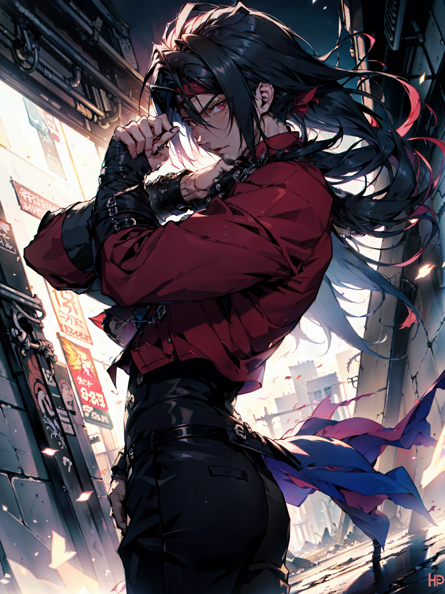 (absurdos, Altas Resoluciones, Ultra detallado, HDR), Obra maestra, La mejor calidad, final fantasy vii, vincent valentine, 1hombre solamente, guapo, pelo largo, cabello negro, Ojos rojos vibrantes, ojos finos y cara detalladas, Armadura, ((Arma intrincada)), Sentado en el trono, piernas abiertas, sonrisa afectada, molesto. Final Fantasy, abs, badass pose, Chico de anime en una cama con las manos en la cabeza, Hermosa pose de anime, Anime hombre guapo, Personaje masculino de anime, Badass Anime 8K, Arte detallado del personaje de anime, Concepto de anime HDR Anime MacManus, Chico anime, Ikuto Yamashita, Anime CG arte suave, Fondo de pantalla de manga 4 k, inspirado por Yamagata Hiro, Wallaper de anime